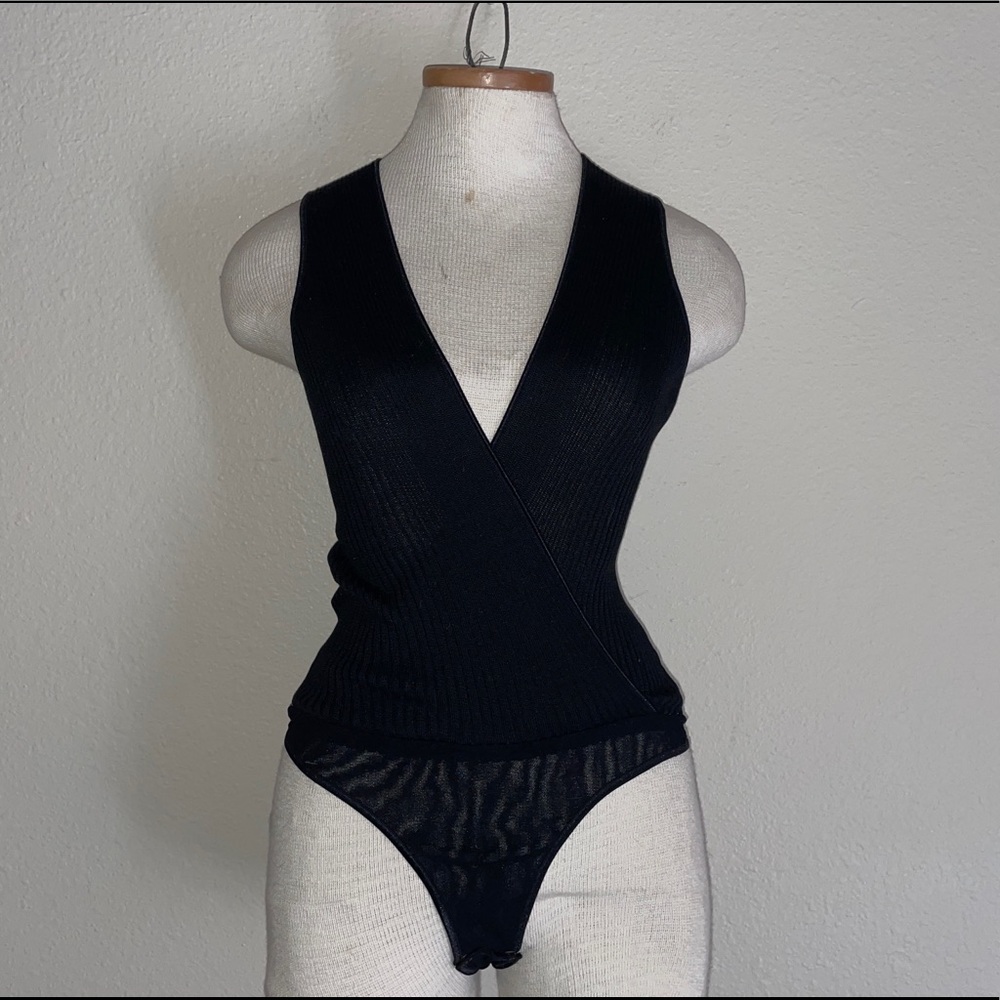 Vintage Cosabella Black Ribbed Plunge Stretchy Bodysuit Sz S ~ Made in Italy.